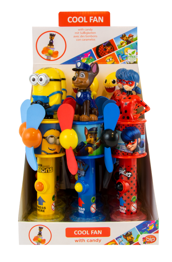 Super Wiatraczek Cool Fan Z Cukierkami Mix Psi Patrol Miraculum Baby Shark Minionki Karton 12 x 6g