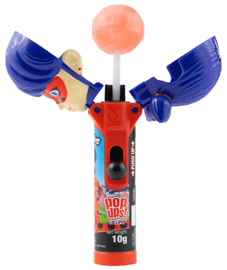 Pop Ups Lollipop Mix Wysuwany Lizak-Zabawka Mix Psi Patrol Minionki Batman Miraculum Karton 12 x 10g
