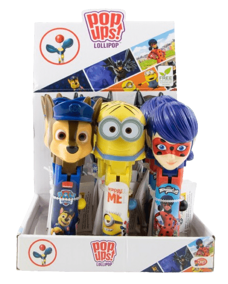 Pop Ups Lollipop Mix Wysuwany Lizak-Zabawka Mix Psi Patrol Minionki Batman Miraculum Karton 12 x 10g