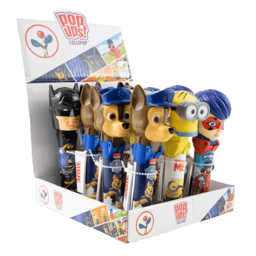 Pop Ups Lollipop Mix Wysuwany Lizak-Zabawka Mix Psi Patrol Minionki Batman Miraculum Karton 12 x 10g