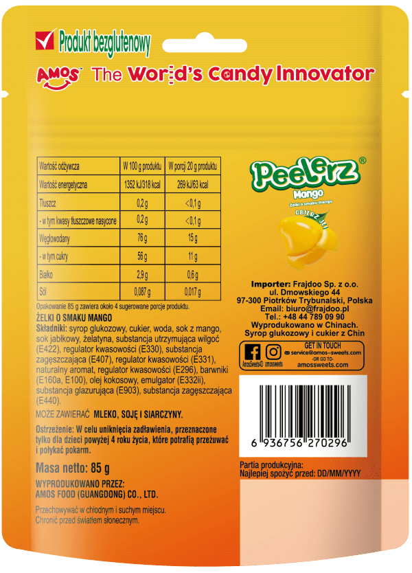 Amos Mango Peelerz Obieralne Żelki w Kształcie Owoców Mango 85g