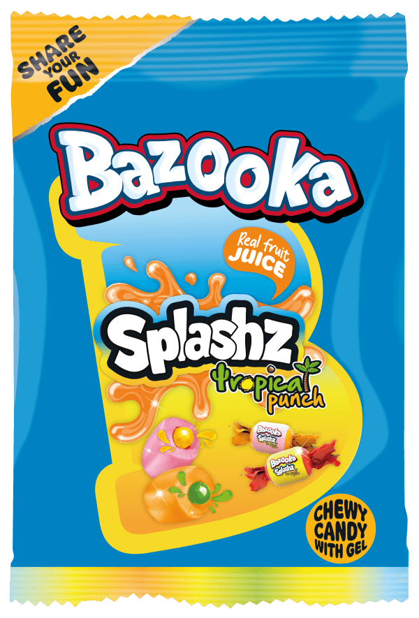 Bazooka Splashz Tropical Punch Amerykańskie Owocowe Cukierki-Żujki Bazooka Candy Mega Paka 120g