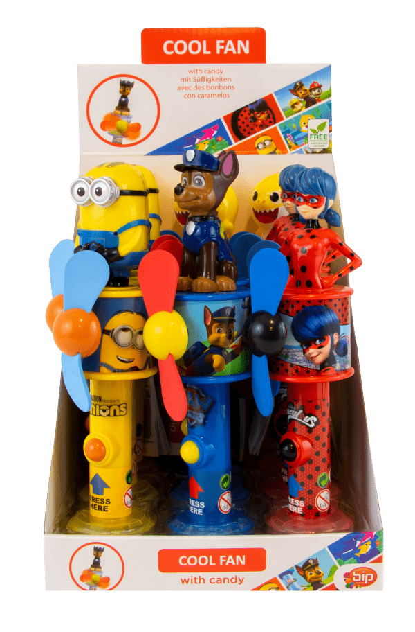 Super Wiatraczek Cool Fan Z Cukierkami Mix Psi Patrol Miraculum Baby Shark Minionki Karton 12 x 6g