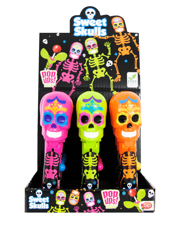 Pop Ups Lollipop Sweet Skulls Wysuwany Lizak-Zabawka na Halloween Karton 12 Sztuk