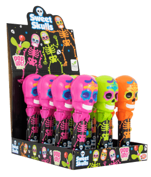Pop Ups Lollipop Sweet Skulls Wysuwany Lizak-Zabawka na Halloween Karton 12 Sztuk Pop Ups Lollipop Sweet Skulls Wysuwany Lizak-Zabawka na Halloween Karton 12 Sztuk