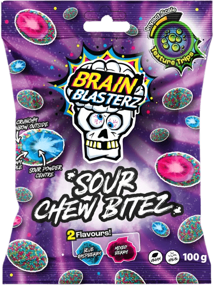 Brain Blasterz Sour Chew Bitez Kwaśne Cukierki do Żucia w Tęczowej Kwaśnej Posypce 100g