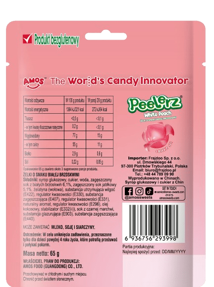 Amos Peelerz White Peach Obieralne Żelki w Kształcie Białej Brzoskwini 65g