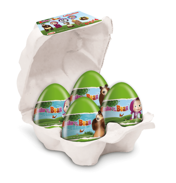 Czekoladowe jajko niespodzianka 80g Masza i niedźwiedź wytłaczanka 4 sztuki