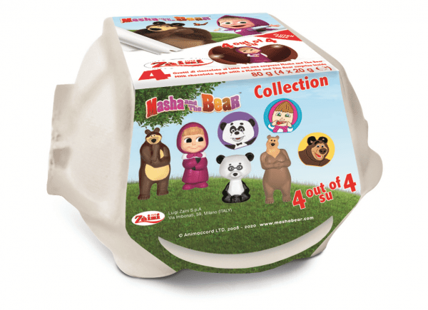 Czekoladowe jajko niespodzianka 80g Masza i niedźwiedź wytłaczanka 4 sztuki