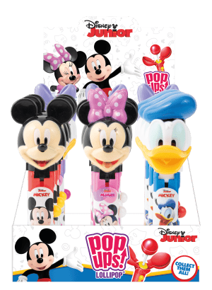 Pop Ups Lollipop Disney Mix Wysuwany Lizak-Zabawka Mix Postaci Myszka Mickey Minnie Kaczor Donald Daisy Karton 12 x 10g