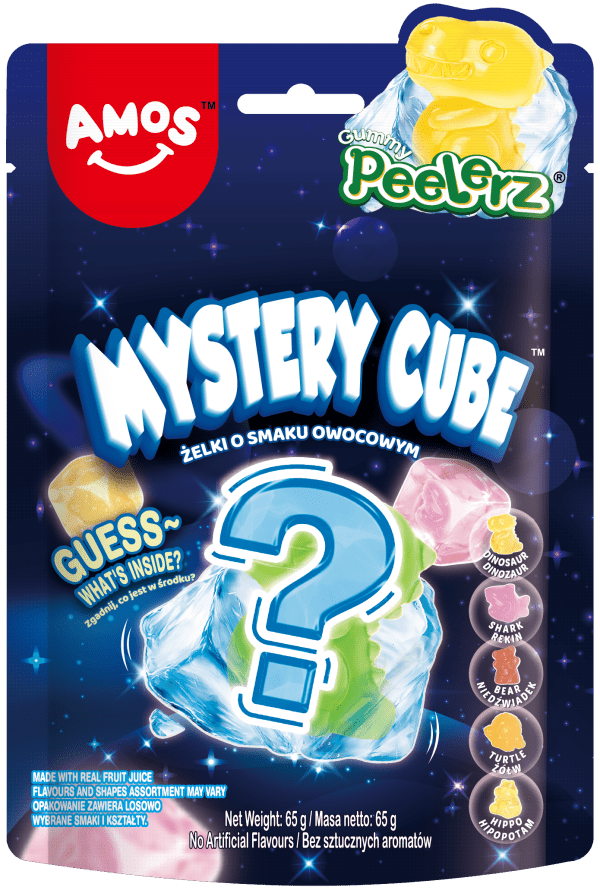 Amos Peelerz Mystery Cube Żelki-Kostki z Tajemniczą Niespodzianką 65g