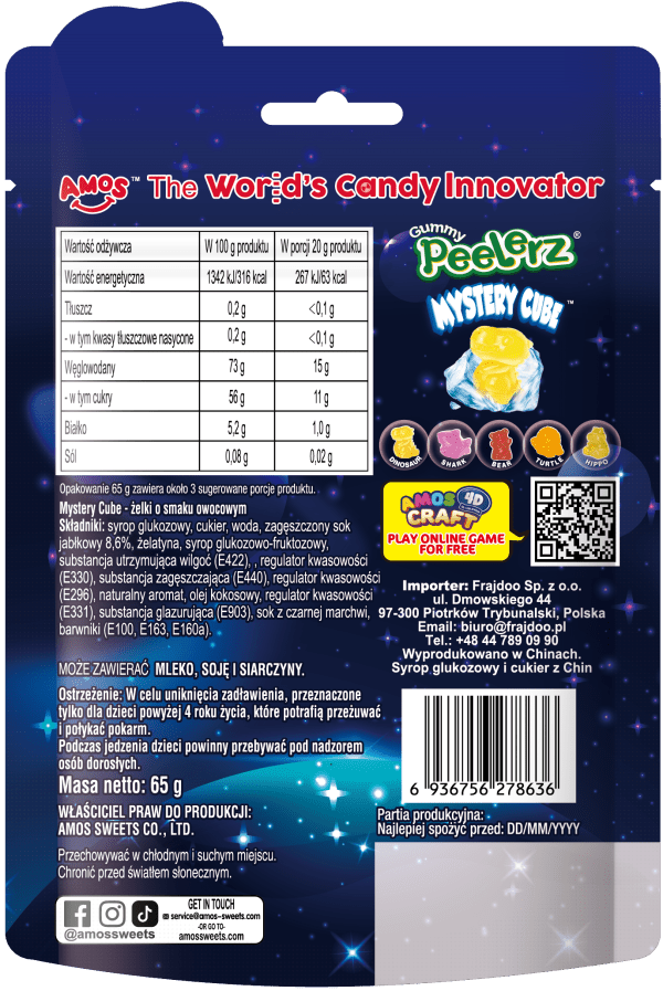 Amos Peelerz Mystery Cube Żelki-Kostki z Tajemniczą Niespodzianką 65g